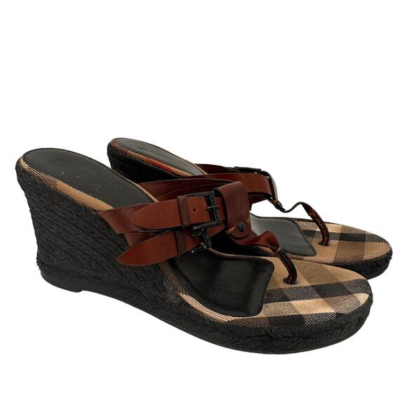 Burberry Leather Brown Wedge Espadrille Thong Heels Sandals Size 39 / 9 - Picture 1 of 10